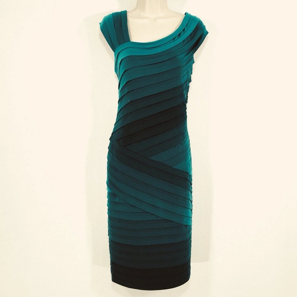 Tadashi Collection Sz L Teal Blue Green Ombré Stretch Bandage Dress Asymmetrical
